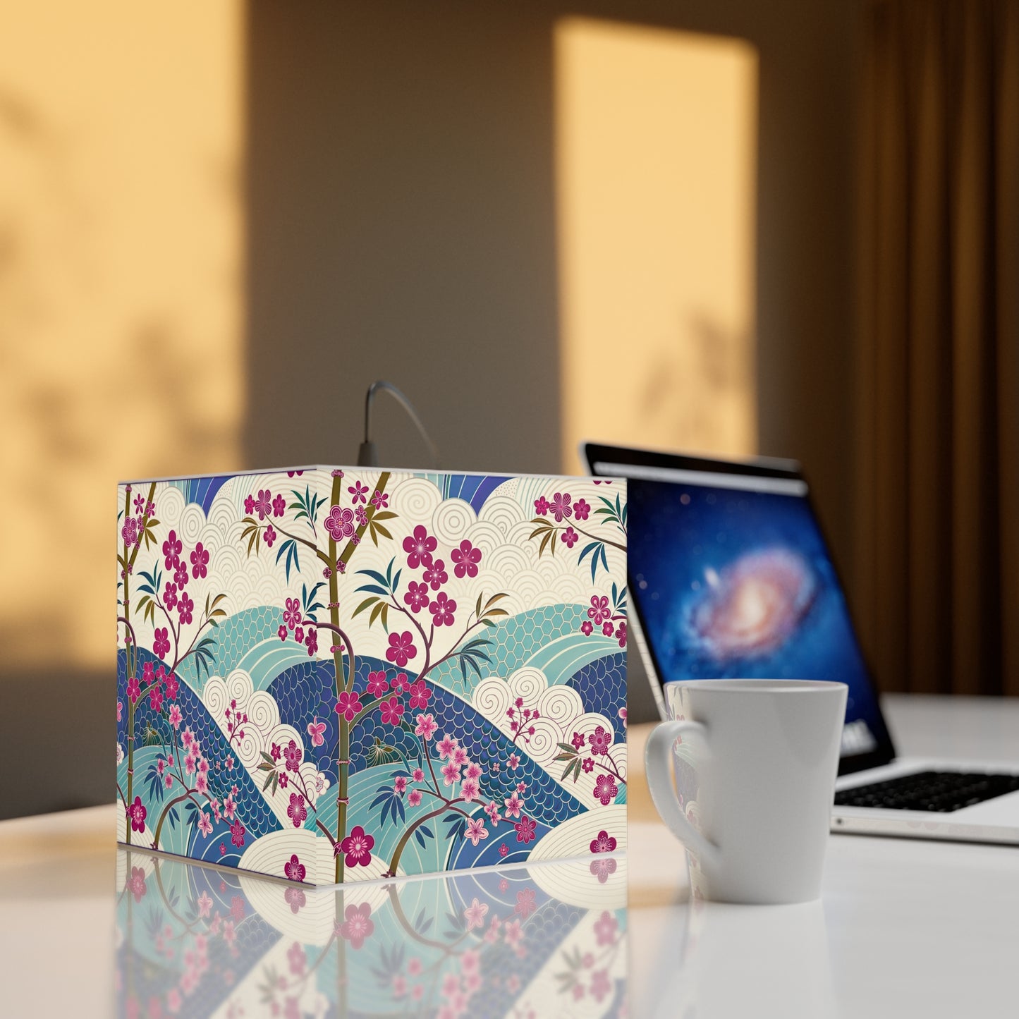 Japanese Floral Wave Light Cube Lamp — Cherry Blossom Ambient Night Light