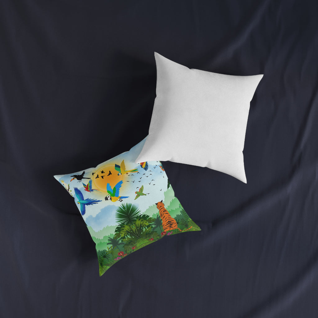 Tropical Jungle Square Pillow — Colorful Parrots & Tiger Decorative Throw Pillow Printify