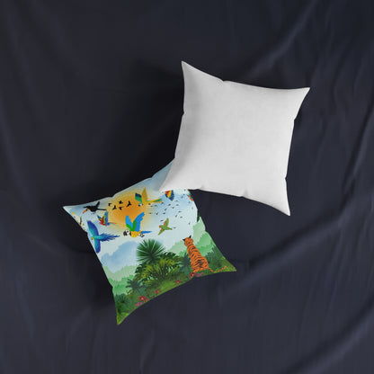 Tropical Jungle Square Pillow with Vibrant Wildlife Design