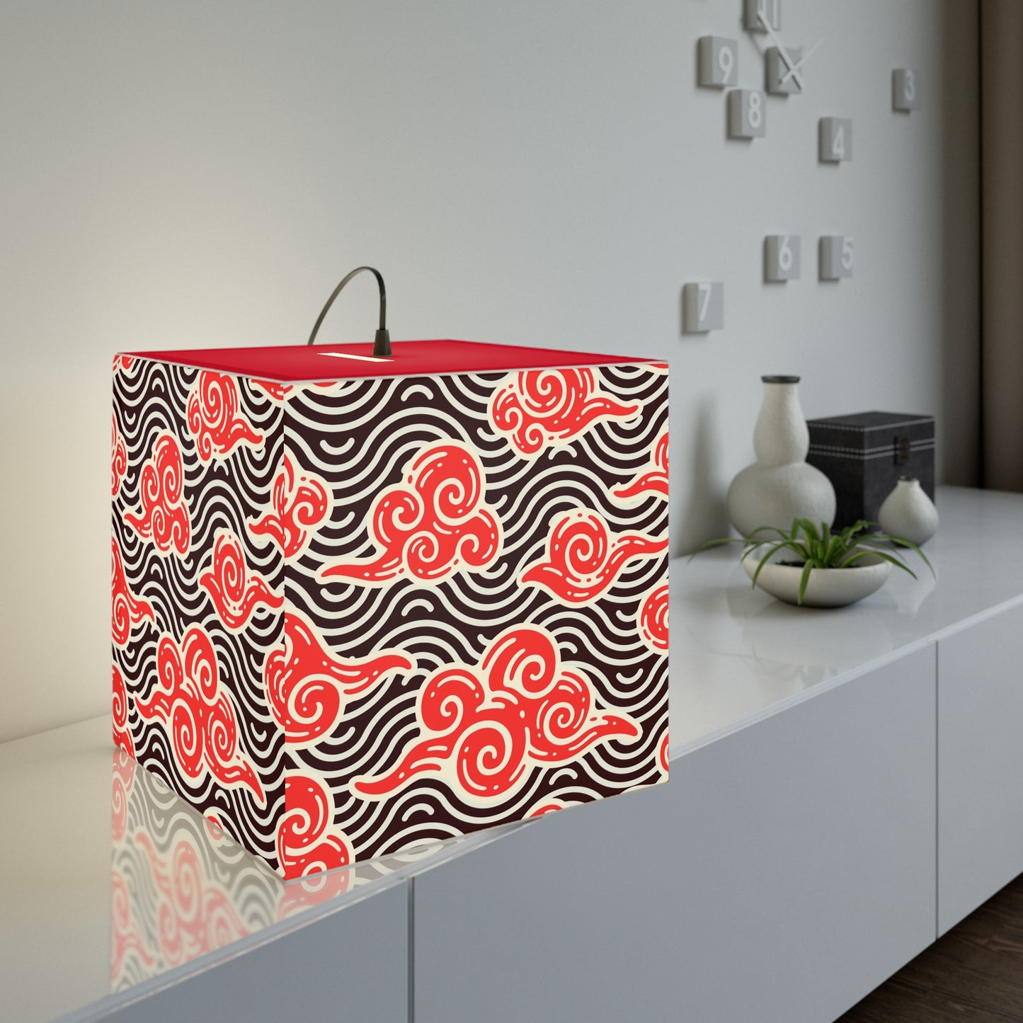 Japanese Wave Cube Lamp — Red Kumo Pattern Light