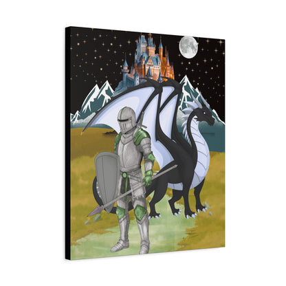 Medieval Knight & Dragon Castle Night Matte Stretched Canvas