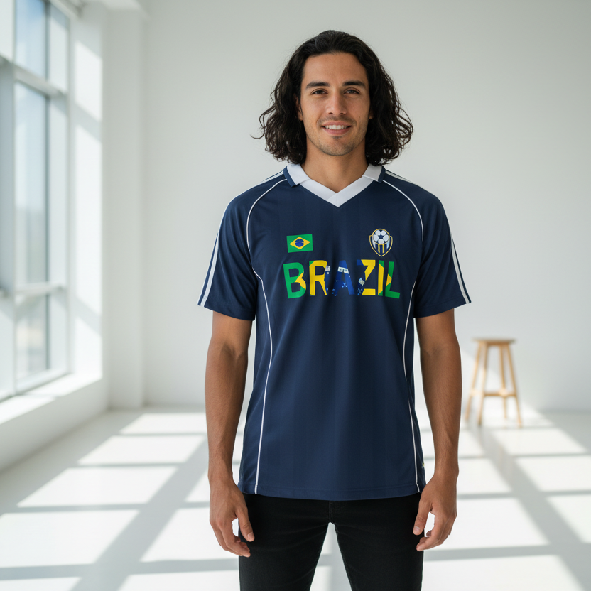 Brazil Flag Themed Graphic Shadow Stripe Collared Soccer Unisex Jersey