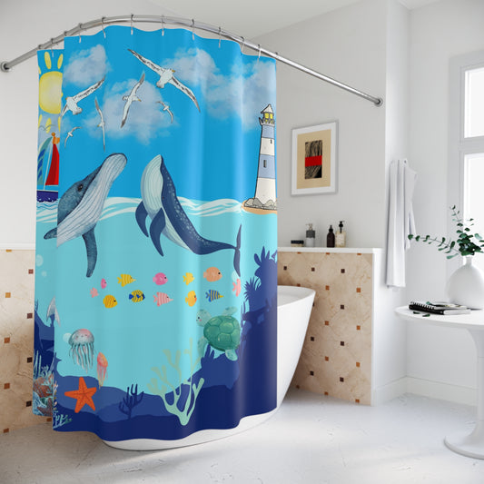 Whale Watching Shower Curtain, Nautical Bathroom Decor, Ocean-Themed, Beach House Essential