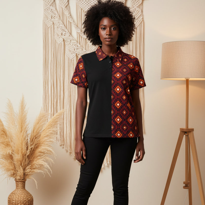 Patterned Polo Shirt — Red Geometric Diamond Print Printify