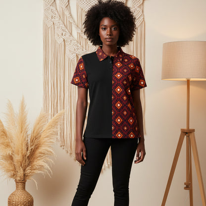 Patterned Polo Shirt — Red Geometric Diamond Print Printify
