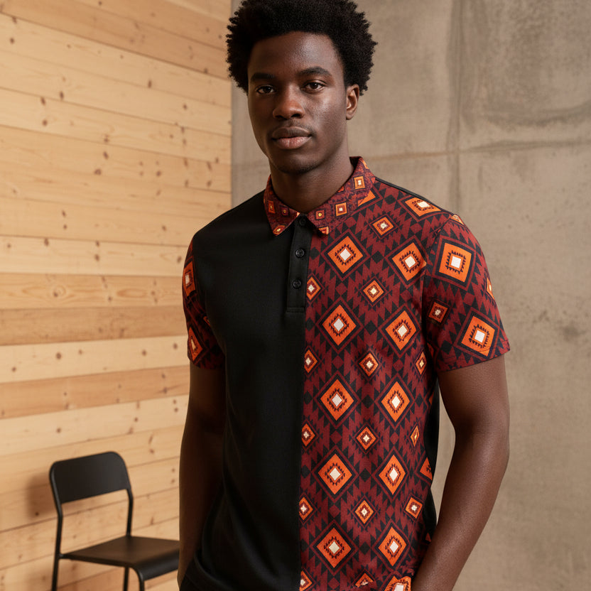 Patterned Polo Shirt — Red Geometric Diamond Print Printify