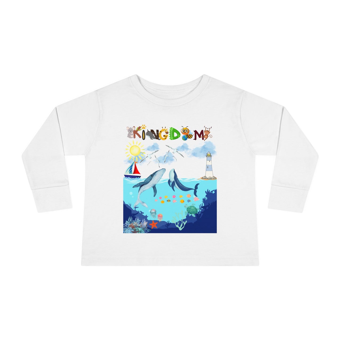 Whale Cartoon Graphic Toddler Tee, Kids Long Sleeve Shirt, Ocean Animal Children's Clothing