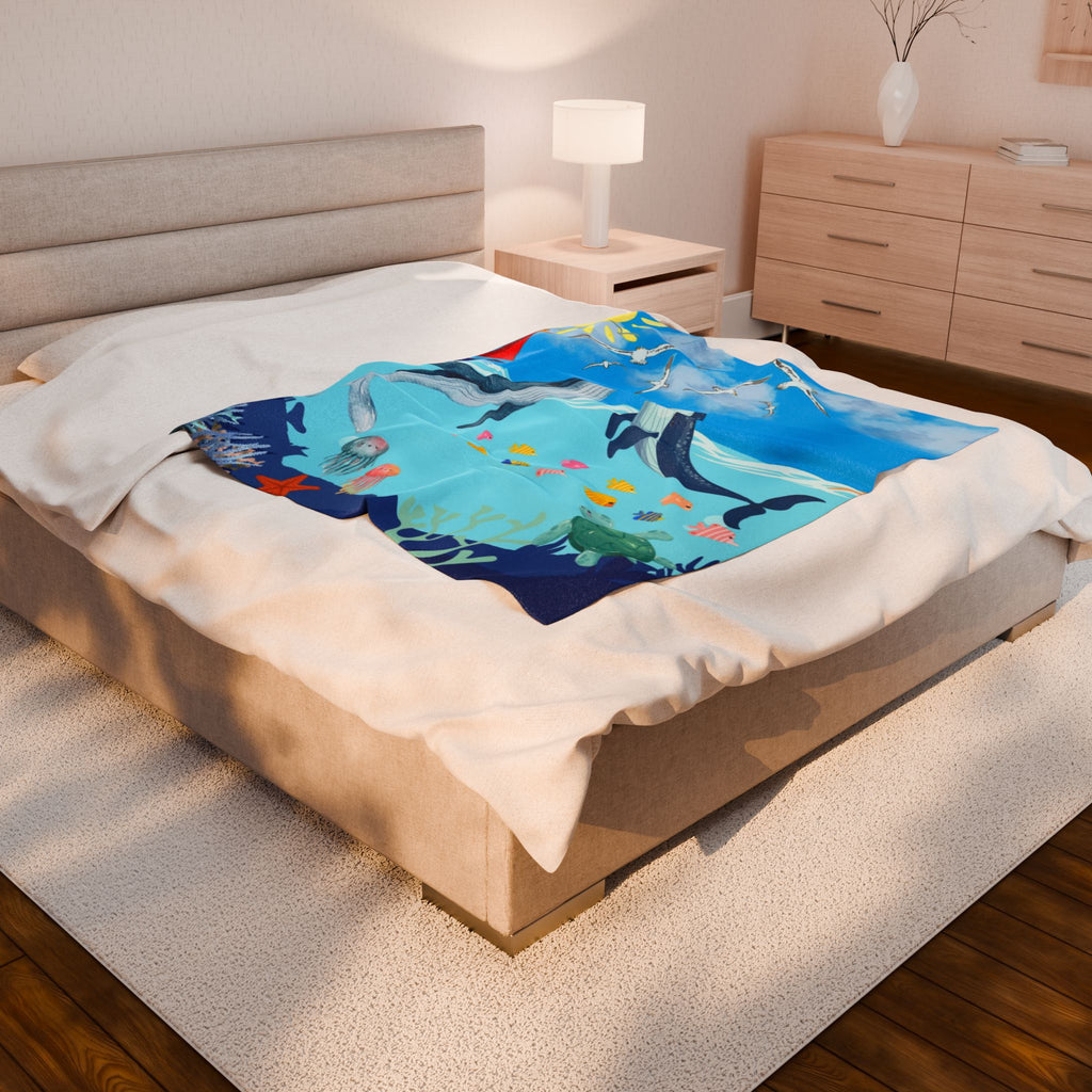 Whale & Ocean Scene Velveteen Plush Blanket – Cozy Decor for Ocean Lovers & Kids Printify