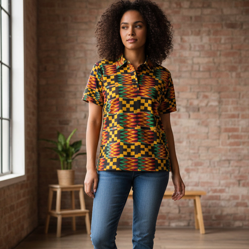 All Over Kente Pattern Polo Shirt — Unisex African Print Short Sleeve Polo