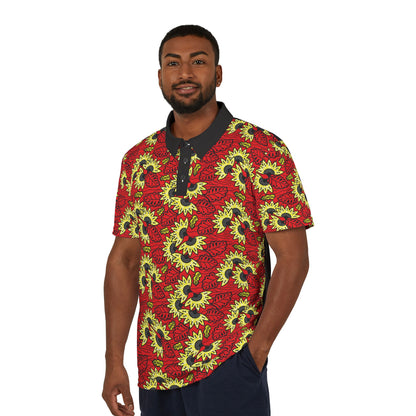 African Wax Print Polo Shirt — Red & Yellow Sunflower Pattern