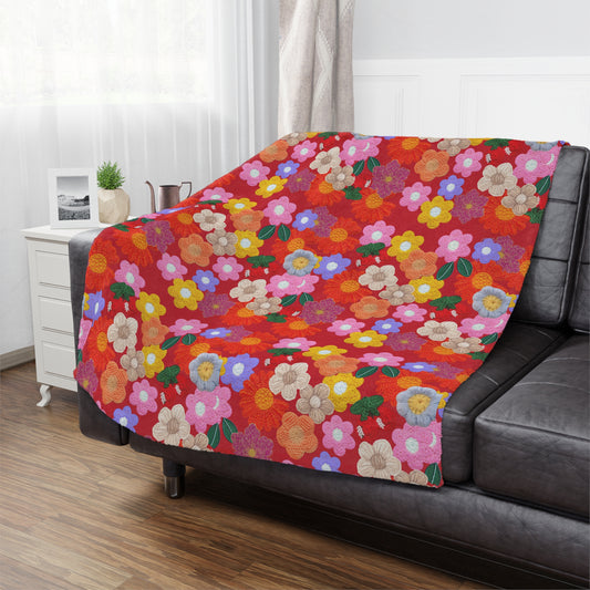 Floral Fiesta Minky Blanket — Bright Retro Flower Pattern, Cozy Throw for Living Room & Kids