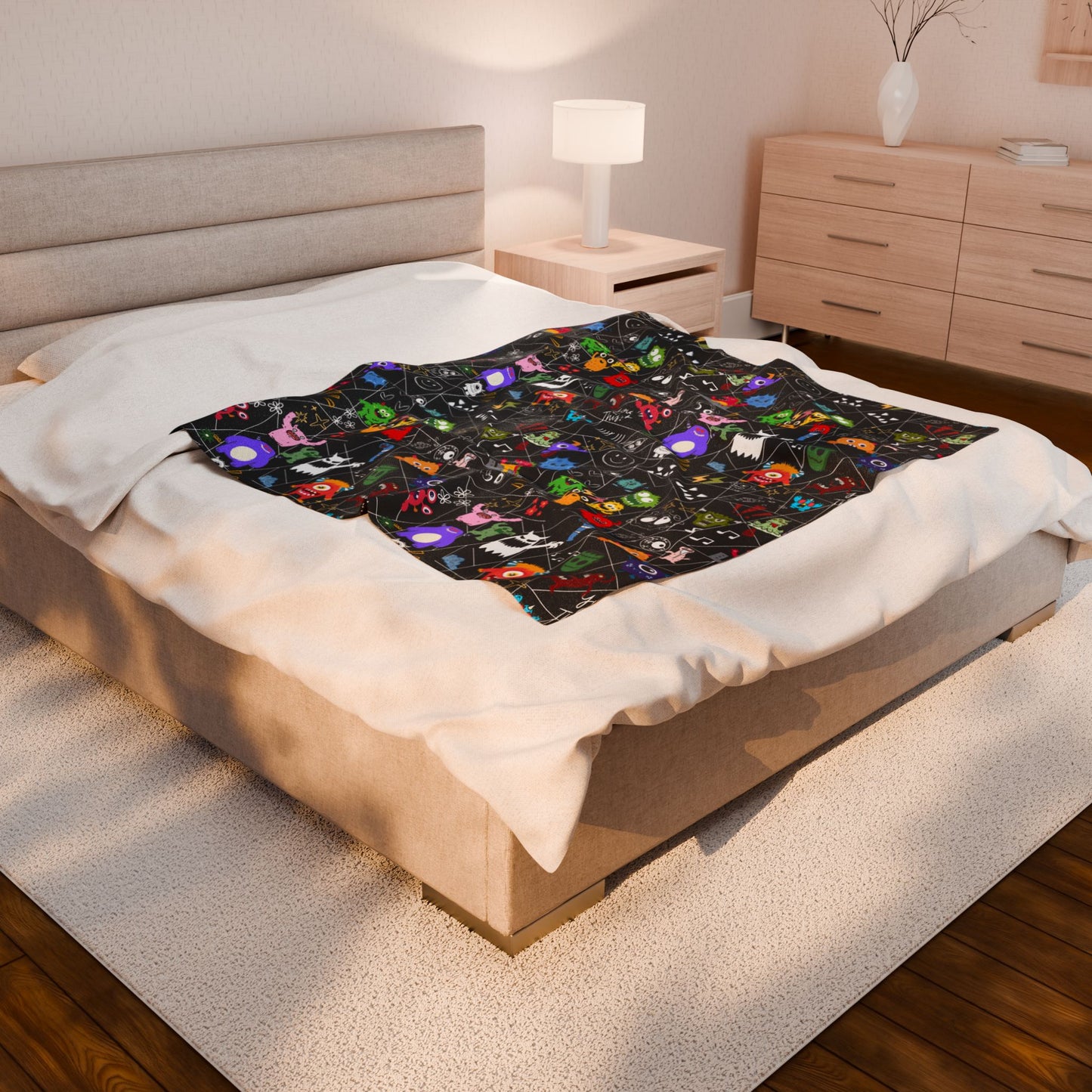 Whimsical Monsters Velveteen Plush Blanket, Soft Fleece Throw, Cozy Bedspread