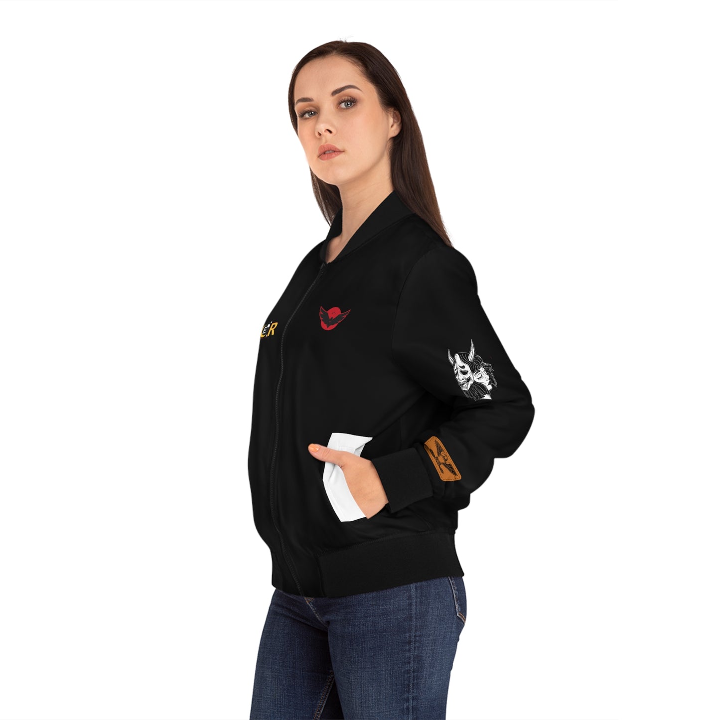 Dragon Graphic Women's Bomber Jacket, Mythical All Over Design, Zip Up