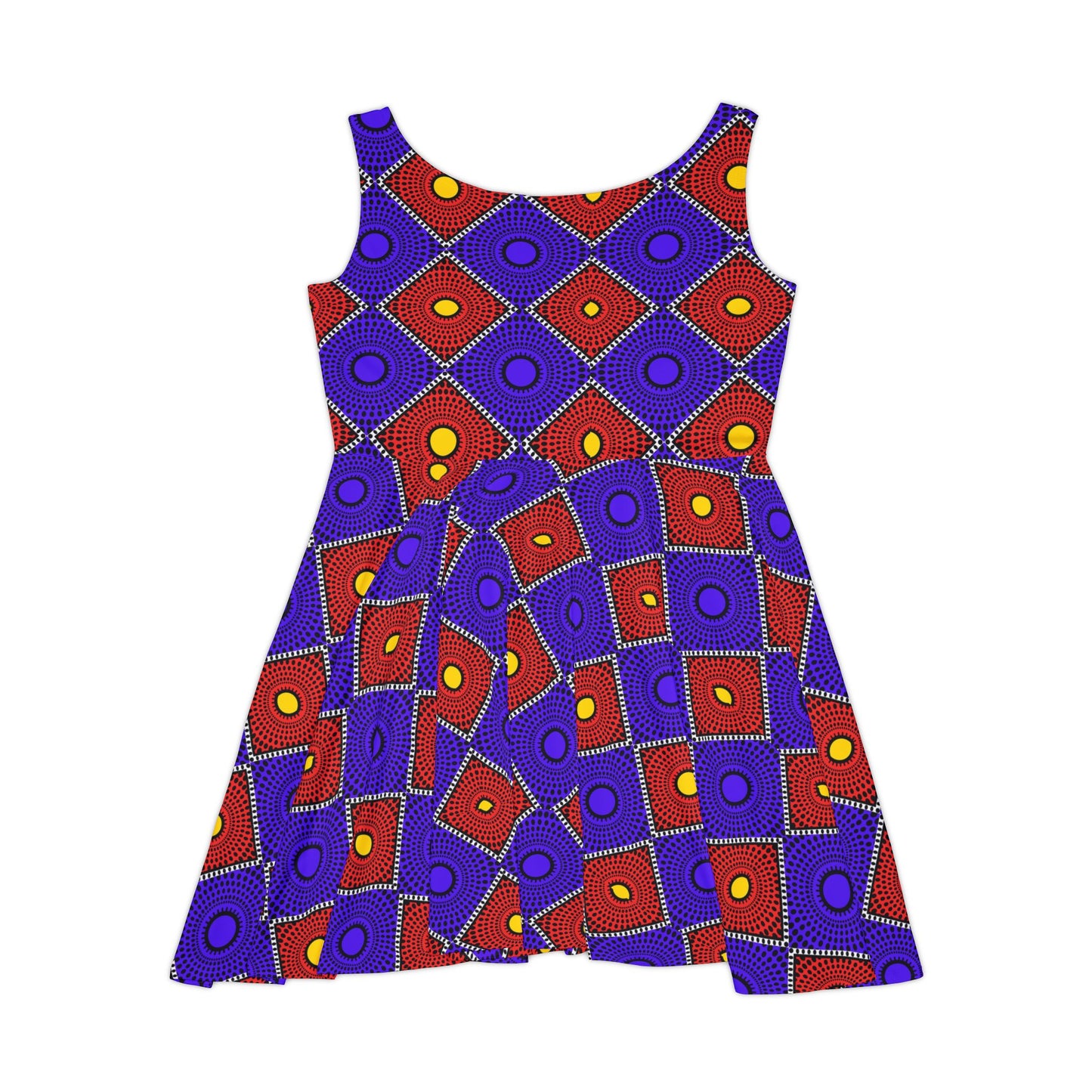African Wax Print Skater Dress — Bold Purple & Red Geometric Pattern