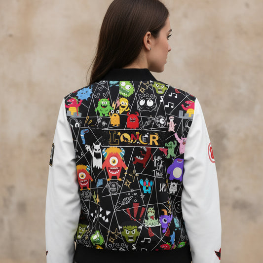 Women's Monster Pattern Bomber Jacket — Colorful Cartoon Creatures