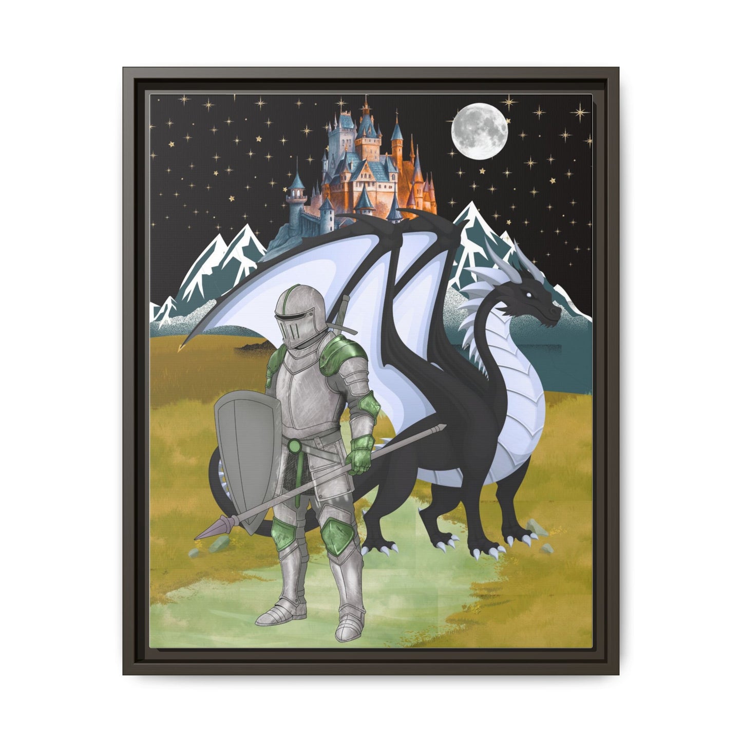 Framed Matte Canvas - Knight and Dragon Fantasy Art