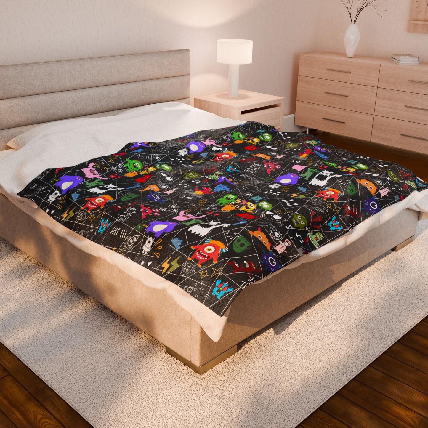 Whimsical Monsters Velveteen Plush Blanket, Soft Fleece Throw, Cozy Bedspread