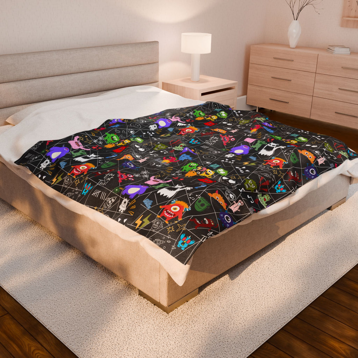 Whimsical Monsters Velveteen Plush Blanket, Soft Fleece Throw, Cozy Bedspread Printify