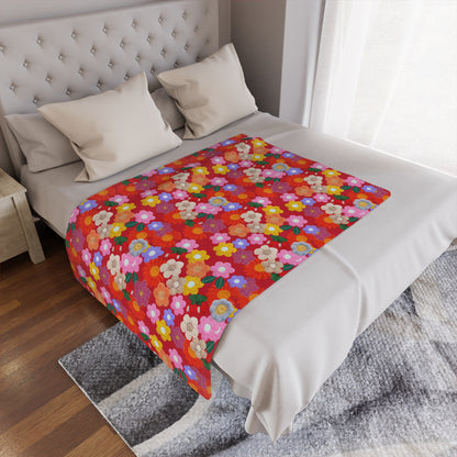 Floral Fiesta Minky Blanket — Bright Retro Flower Pattern, Cozy Throw for Living Room & Kids