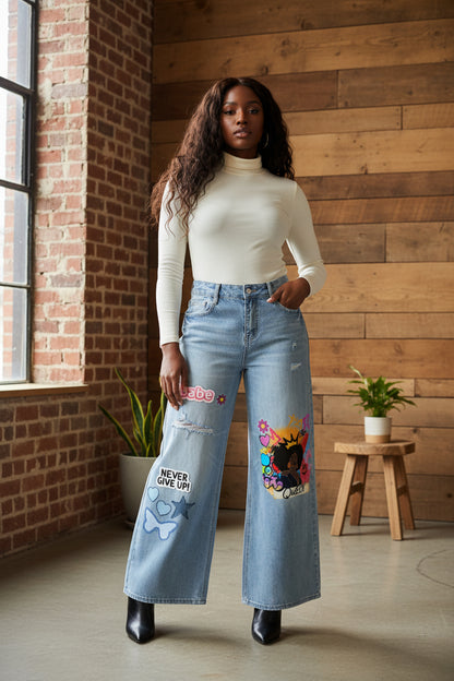 Afro Queen Graphic Women's Vintage Wash Distressed Wide Leg Jeans