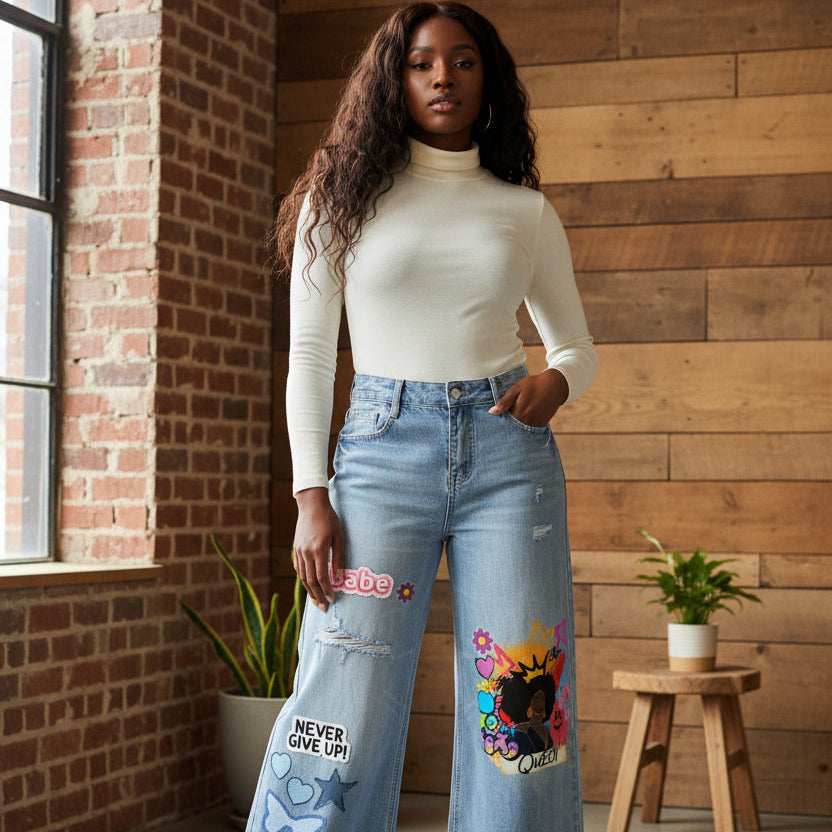 Afro Queen Graphic Women's Vintage Wash Distressed Wide Leg Jeans