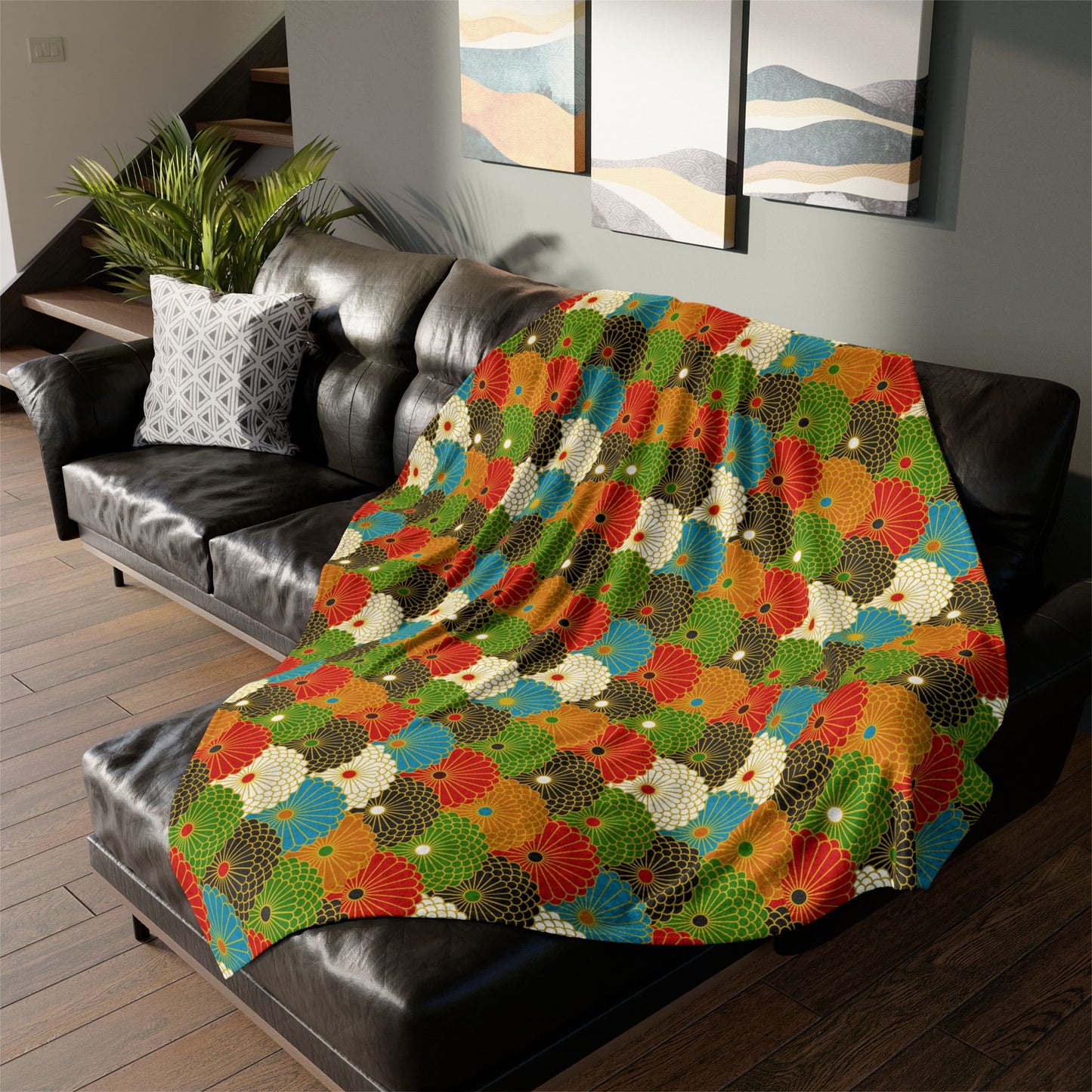 Retro Fan Pattern Polyester Blanket — Colorful Geometric Throw for Living Room & Gift