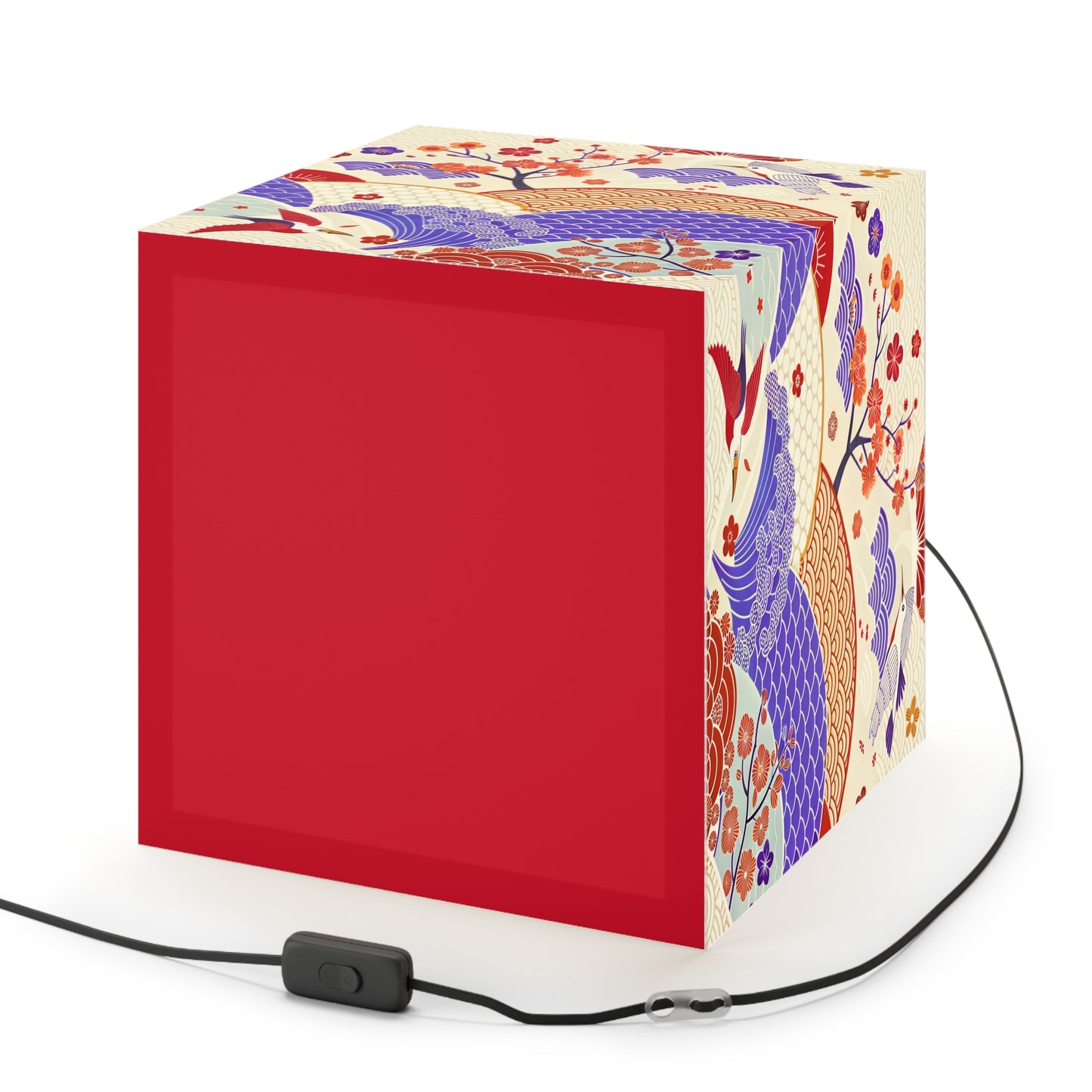 Japanese Wave & Crane Light Cube Lamp — Floral Origami Pattern Ambient Pendant