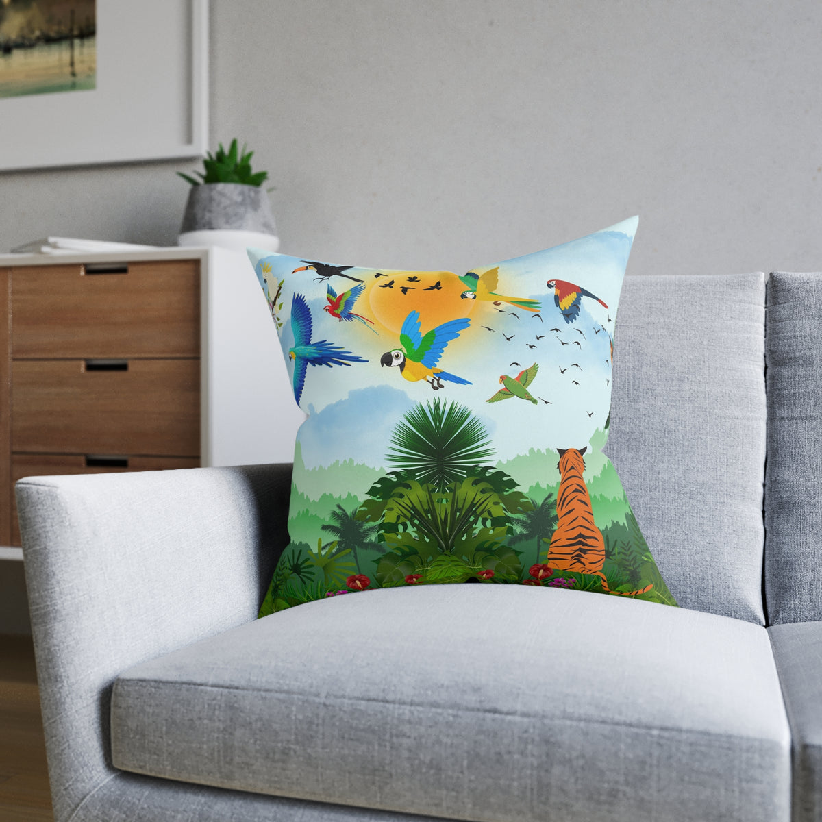 Tropical Jungle Square Pillow — Colorful Parrots & Tiger Decorative Throw Pillow Printify