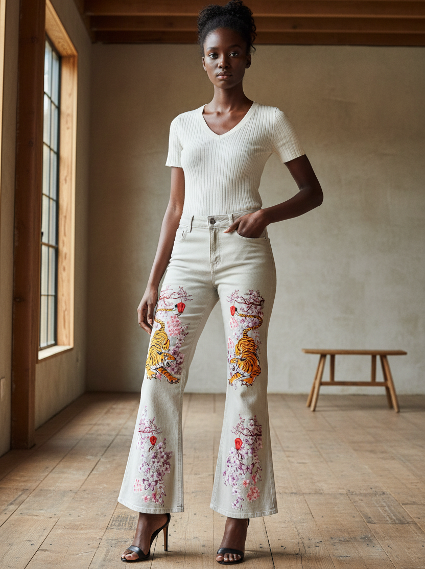 Floral and Tiger Art Graphic Women's Vintage Wash Flared Leg Jeans