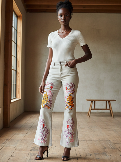 Floral and Tiger Art Graphic Women's Vintage Wash Flared Leg Jeans