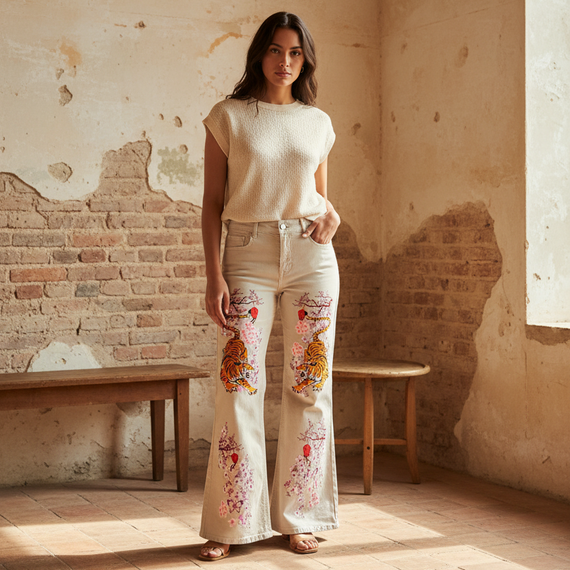 Floral and Tiger Art Graphic Women's Vintage Wash Flared Leg Jeans