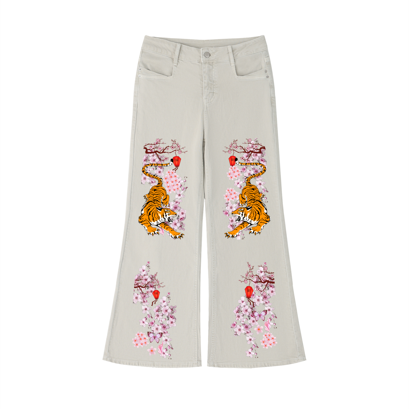 Floral and Tiger Art Graphic Women's Vintage Wash Flared Leg Jeans