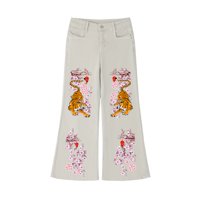 Floral and Tiger Art Graphic Women's Vintage Wash Flared Leg Jeans