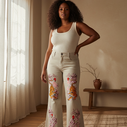 Floral and Tiger Art Graphic Women's Vintage Wash Flared Leg Jeans