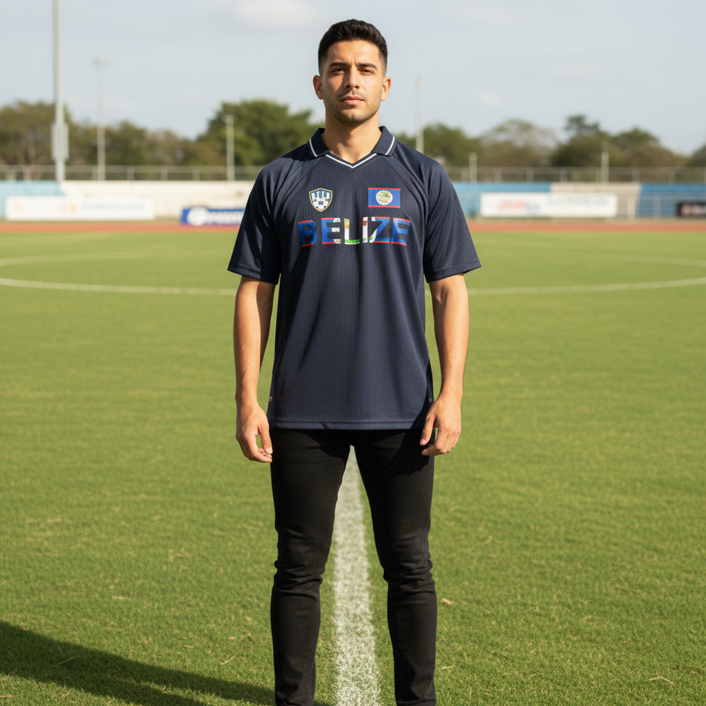 Belize Flag Themed Graphic Unisex Striped V-Neck Soccer Jersey