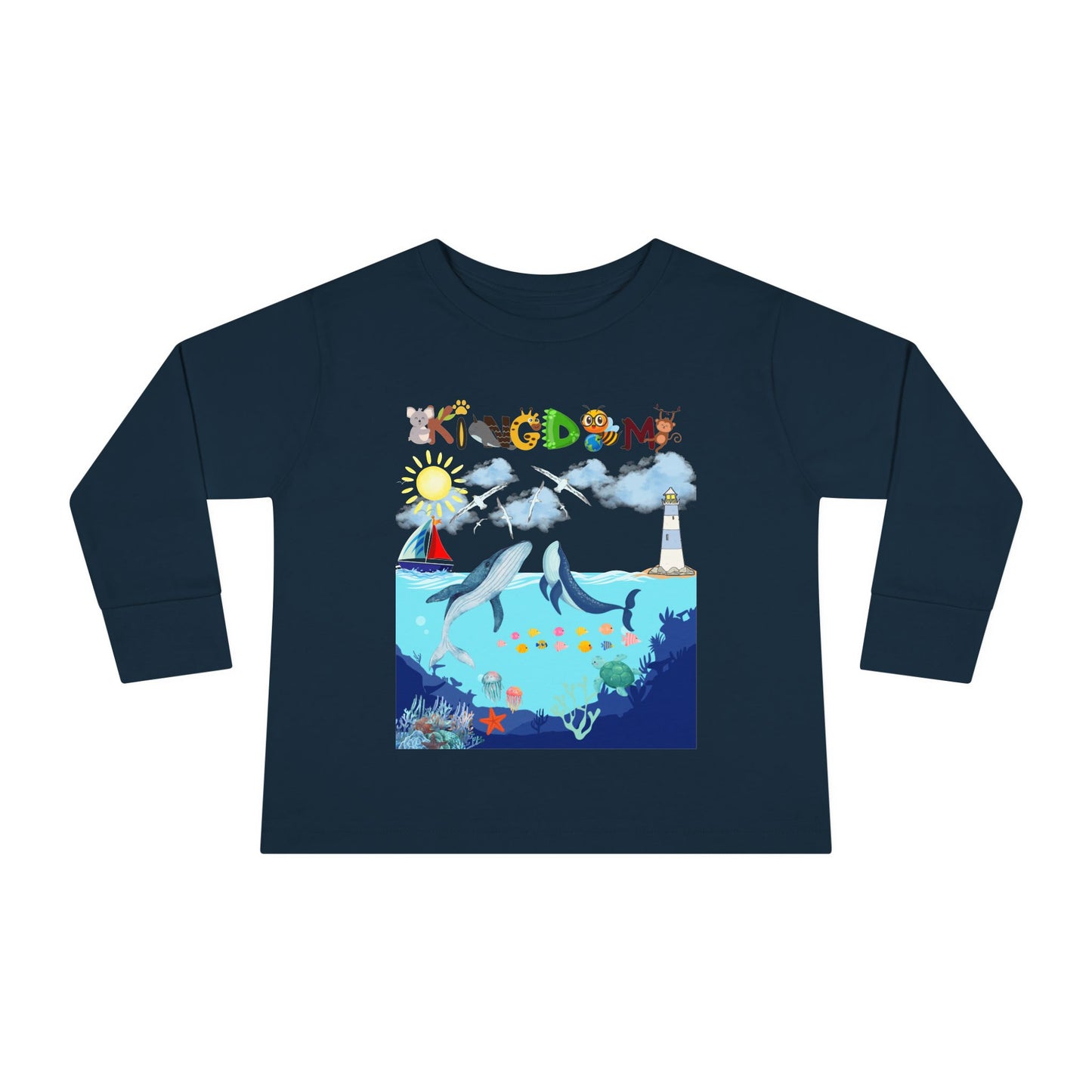 Whale Cartoon Graphic Toddler Tee, Kids Long Sleeve Shirt, Ocean Animal Children's Clothing