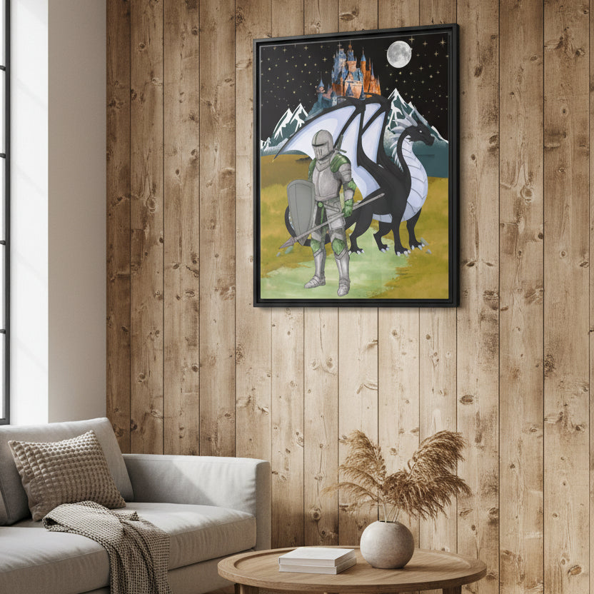 Framed Matte Canvas - Knight and Dragon Fantasy Art Printify