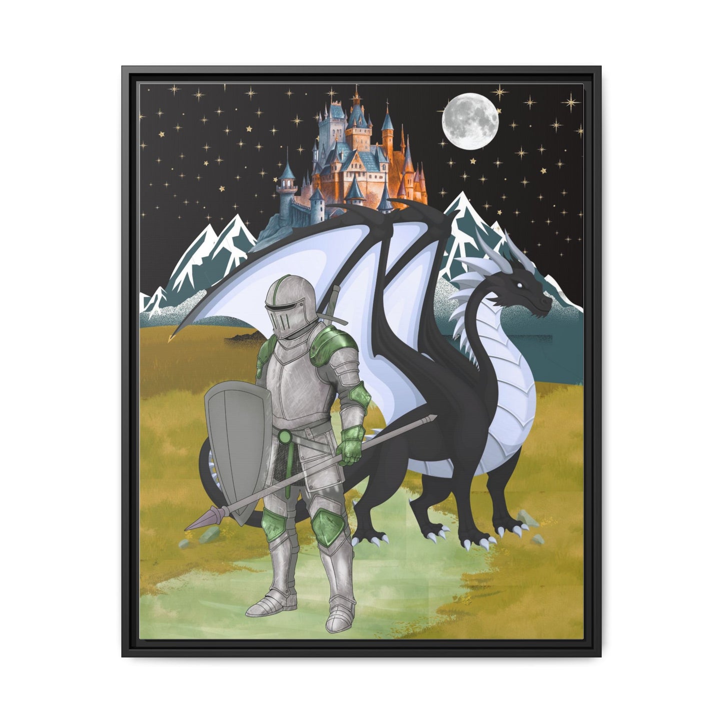 Framed Matte Canvas - Knight and Dragon Fantasy Art