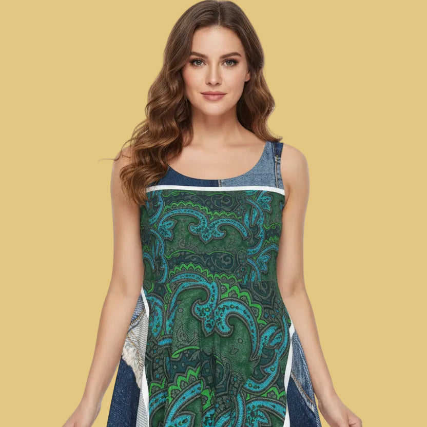 Skater Dress — Green Paisley Denim Panel All-Over Print