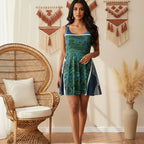 Skater Dress — Green Paisley Denim Panel, Denim Print Printify