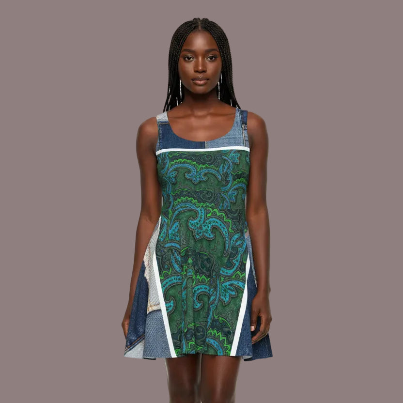 Skater Dress — Green Paisley Denim Panel All-Over Print