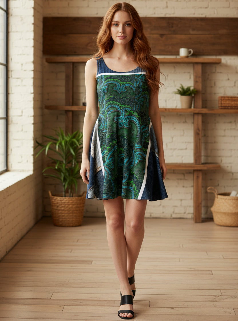 Skater Dress — Green Paisley Denim Panel, Denim Print