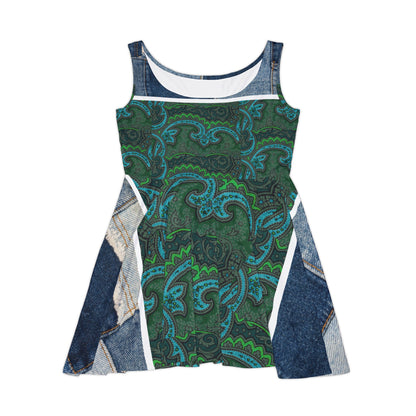 Skater Dress — Green Paisley Denim Panel All-Over Print