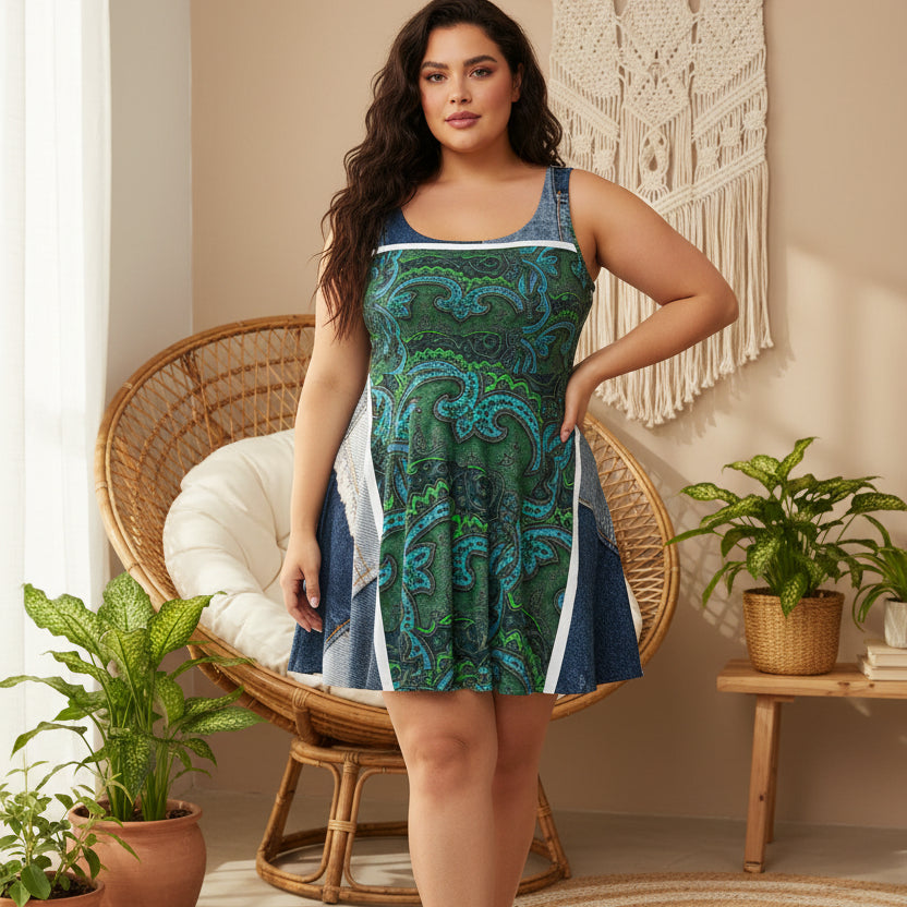 Skater Dress — Green Paisley Denim Panel All-Over Print