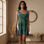 Skater Dress — Green Paisley Denim Panel, Denim Print
