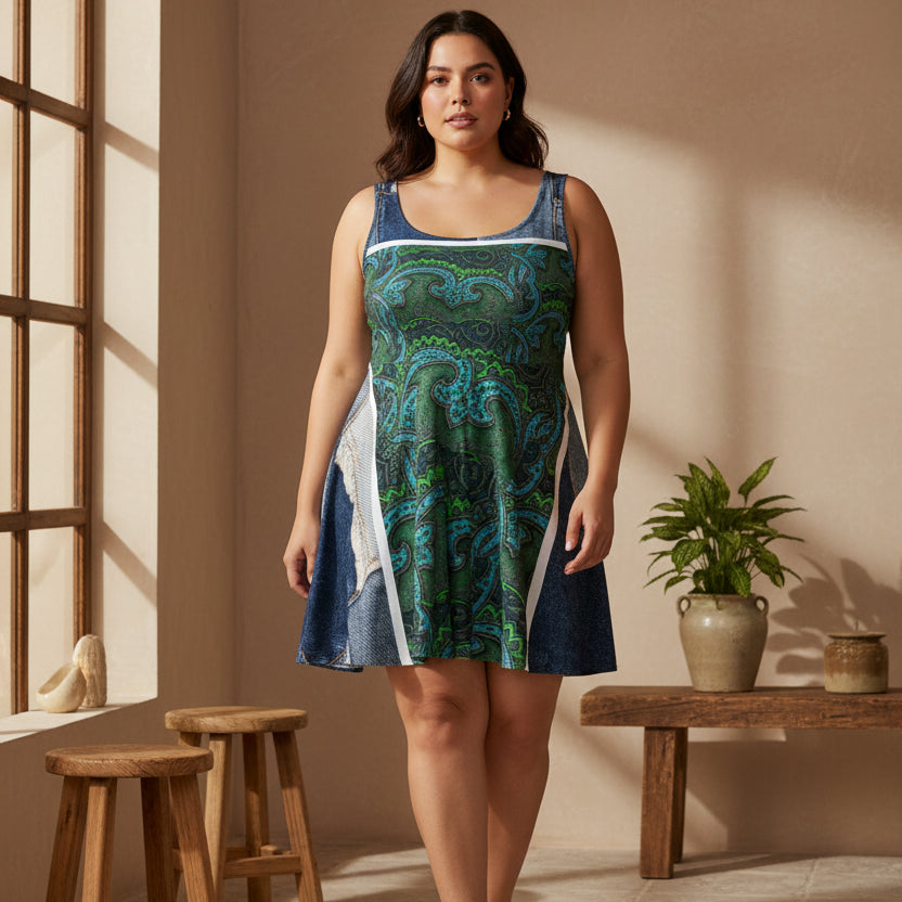 Skater Dress — Green Paisley Denim Panel, Denim Print