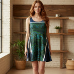 Skater Dress — Green Paisley Denim Panel, Denim Print