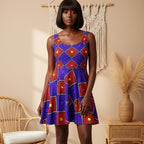 African Wax Print Skater Dress — Bold Purple & Red Geometric Pattern Printify