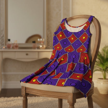 African Wax Print Skater Dress — Bold Purple & Red Geometric Pattern