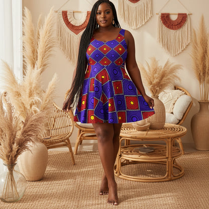 African Wax Print Skater Dress — Bold Purple & Red Geometric Pattern